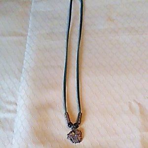 Necklace Indian Head Pewter Beads Green Leather 24" Handmade Vintage NWOT